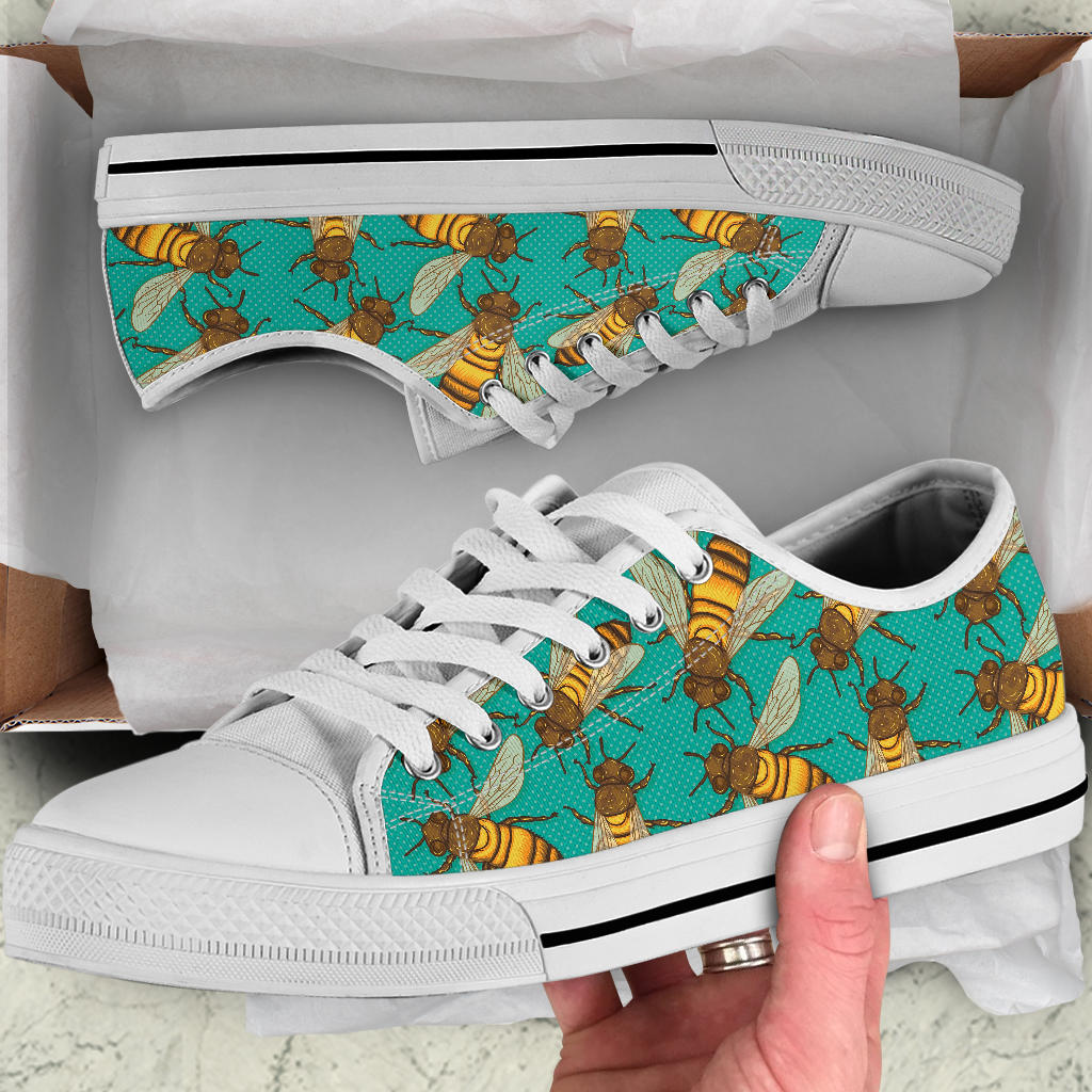 Bee Pattern Print Design BEE04 White Bottom Low Top Shoes