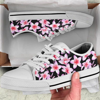 Pink Plumeria Pattern Print Design PM09 White Bottom Low Top Shoes