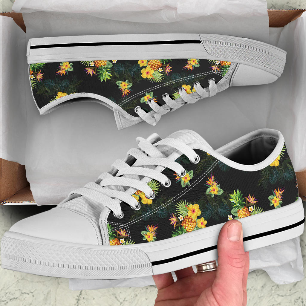 Pineapple Tropical Flower Print Pattern White Bottom Low Top Shoes