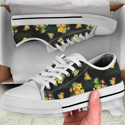 Pineapple Tropical Flower Print Pattern White Bottom Low Top Shoes