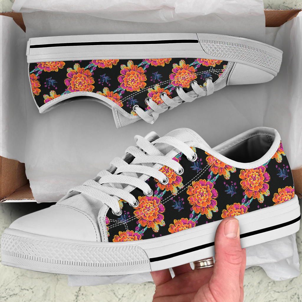 Marigold Pattern Print Design MR04 White Bottom Low Top Shoes