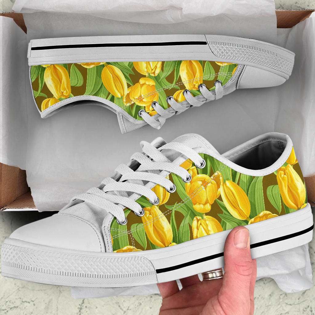 Tulip Yellow Pattern Print Design TP010 White Bottom Low Top Shoes