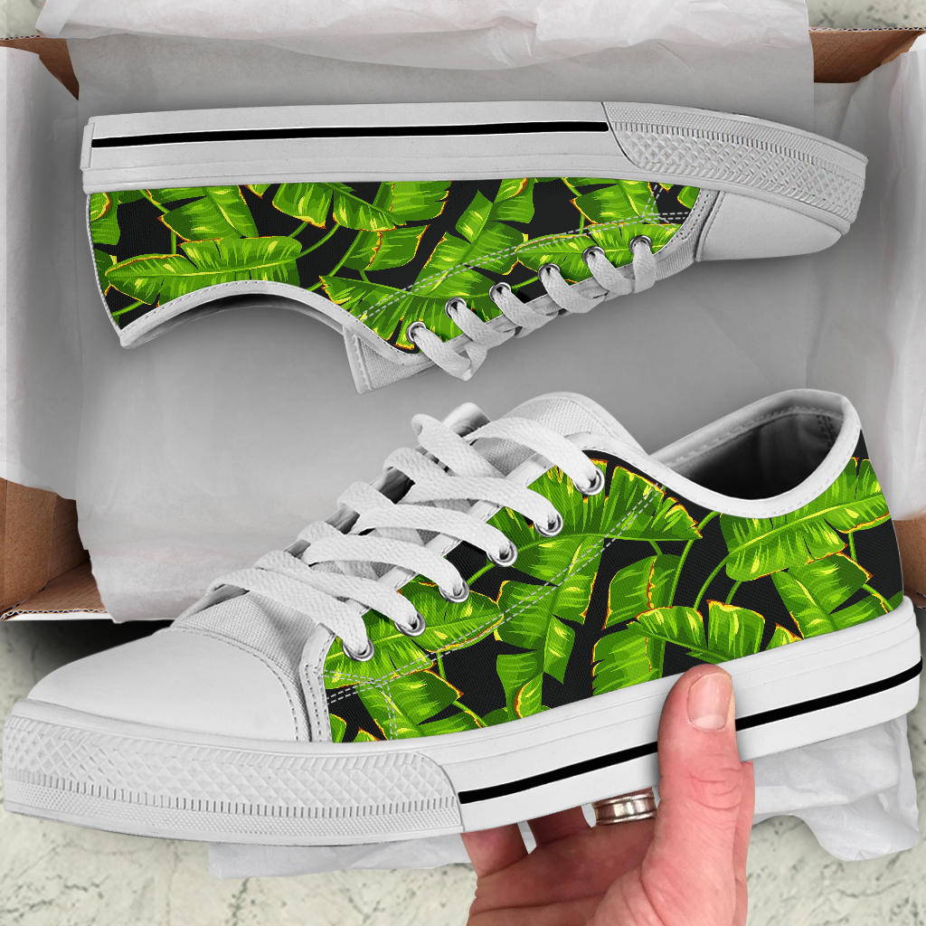 Banana Leaf Pattern Print Design BL06 White Bottom Low Top Shoes