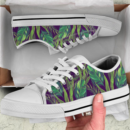Palm Leaves Pattern Print Design PL03 White Bottom Low Top Shoes