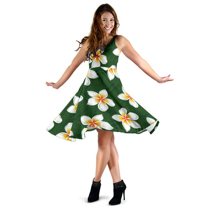 White Plumeria Pattern Print Design PM020 Midi Dress