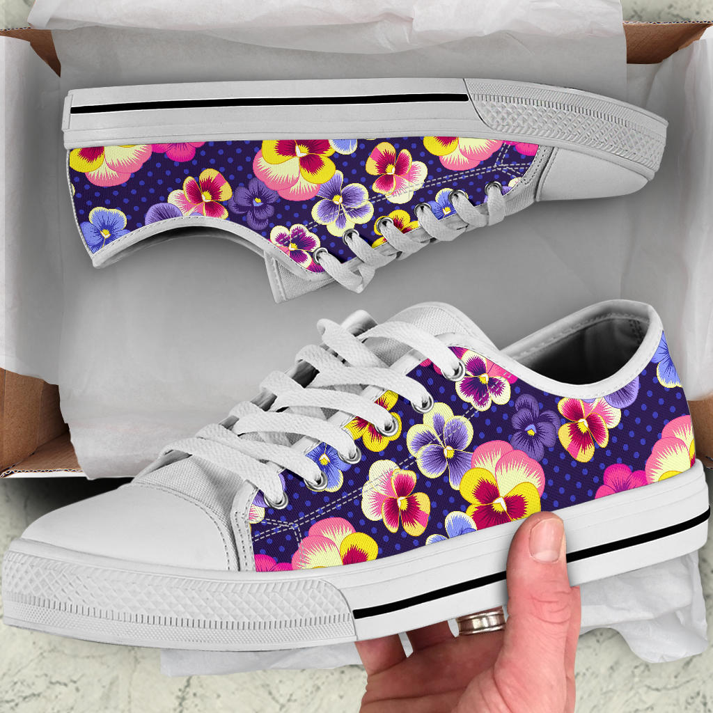 Pansy Pattern Print Design PS04 White Bottom Low Top Shoes