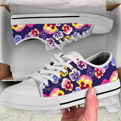 Pansy Pattern Print Design PS04 White Bottom Low Top Shoes