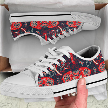 Red Indian Elephant Pattern White Bottom Low Top Shoes