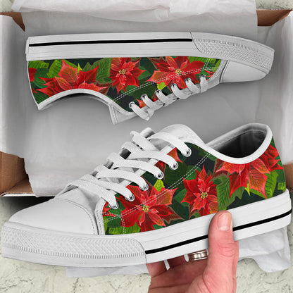 Poinsettia Pattern Print Design POT04 White Bottom Low Top Shoes