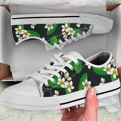 White Plumeria Pattern Print Design PM023 White Bottom Low Top Shoes