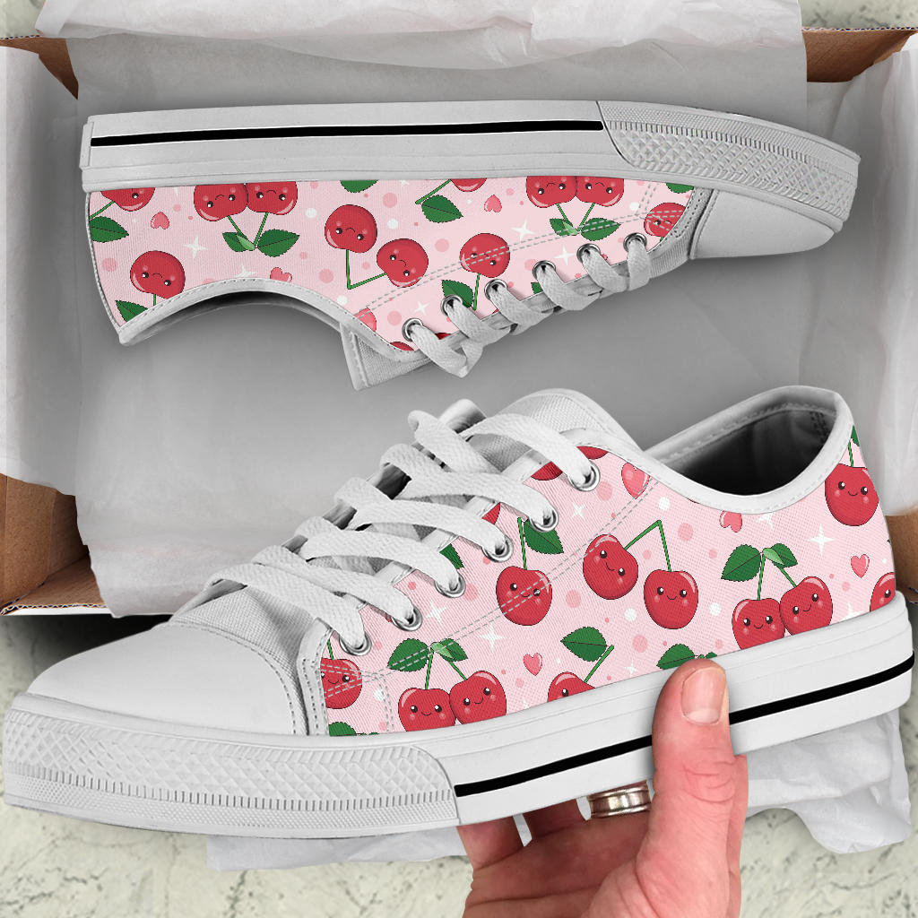 Cherry Pattern Print Design CH02 White Bottom Low Top Shoes