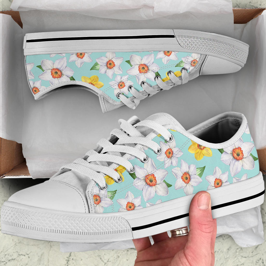 Daffodils Pattern Print Design DF07 White Bottom Low Top Shoes