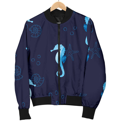 SeaHorse Blue neon Pattern Print Design 03 Women's Bomber Jacket