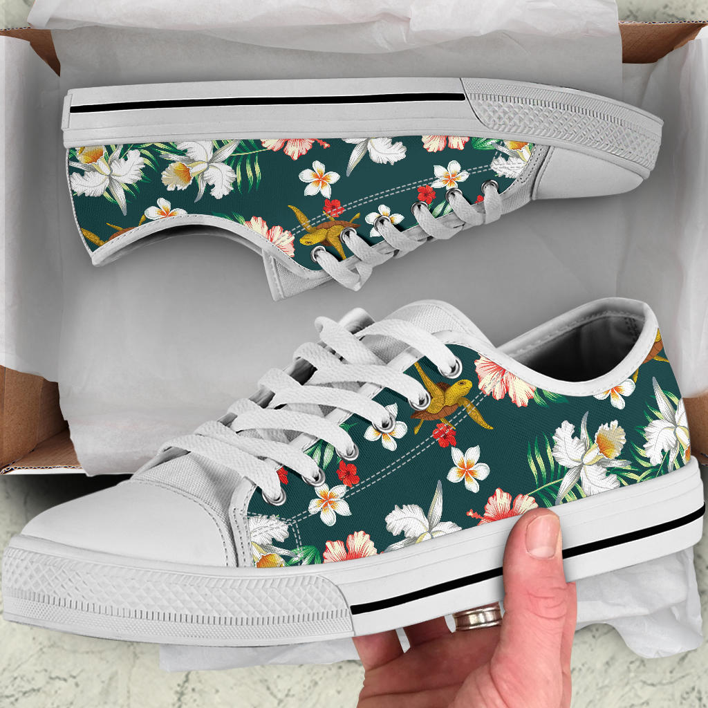 Hawaiian Flower Design with SeaTurtle Print White Bottom Low Top Shoes