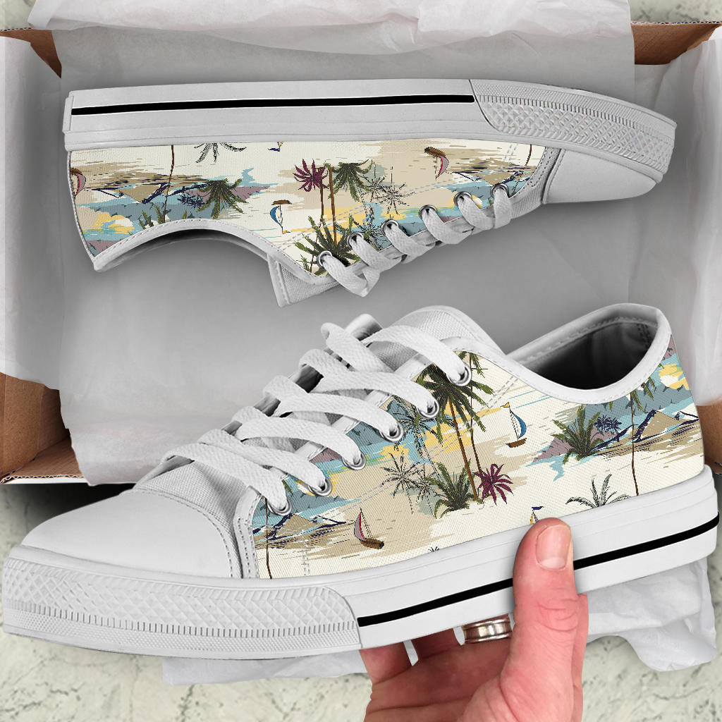 Palm Tree Beach Print White Bottom Low Top Shoes
