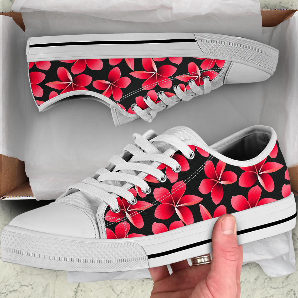 Red Plumeria Pattern Print Design PM025 White Bottom Low Top Shoes