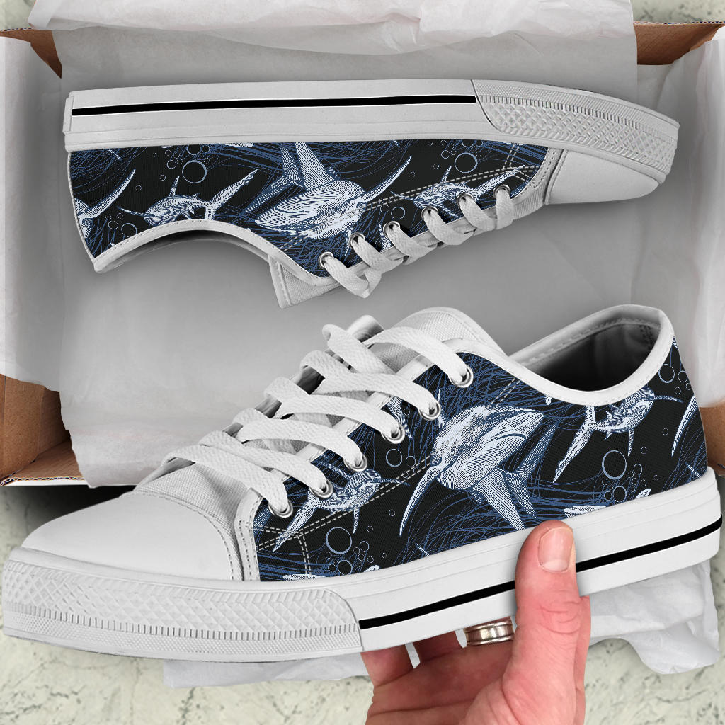 Shark Print Pattern White Bottom Low Top Shoes