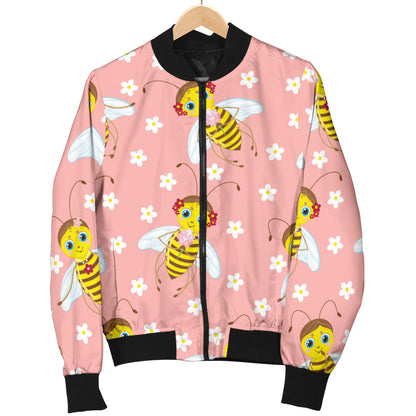 Bee Pattern Print Design BEE07 Women Bomber Jacket