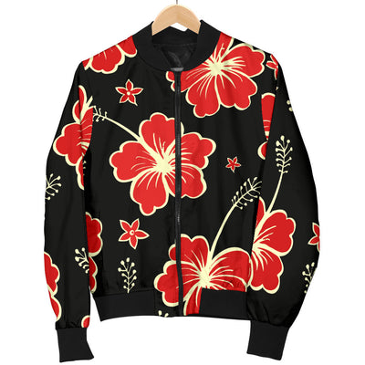 Red Hibiscus Pattern Print Design HB021 Women Bomber Jacket