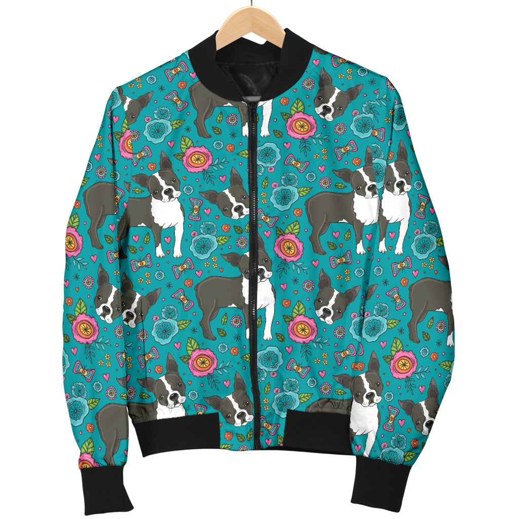 Boston Terrier Pattern Print Design 07 Women's Bomber Jacket