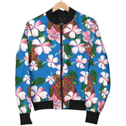 Sea Turtle Pink Hibiscus Hawaiian Print Women Bomber Jacket