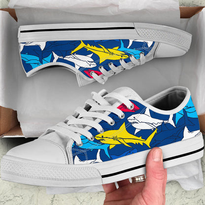 Shark Color Pattern White Bottom Low Top Shoes