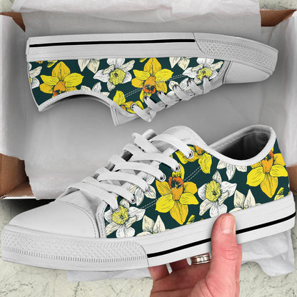 Daffodils Pattern Print Design DF02 White Bottom Low Top Shoes