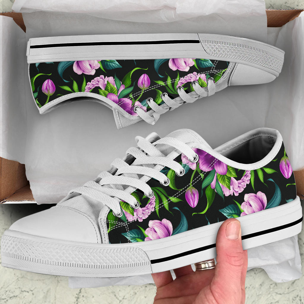 Bright Purple Floral Pattern White Bottom Low Top Shoes