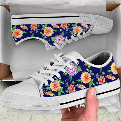 Dahlia Pattern Print Design DH010 White Bottom Low Top Shoes
