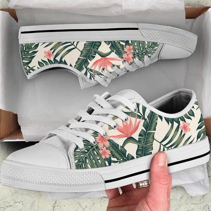 Tropical Flower Palm Leaves White Bottom Low Top Shoes