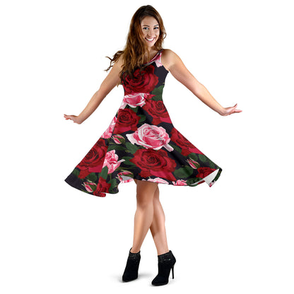 Rose Red Pink Pattern Print Design RO01 Midi Dress