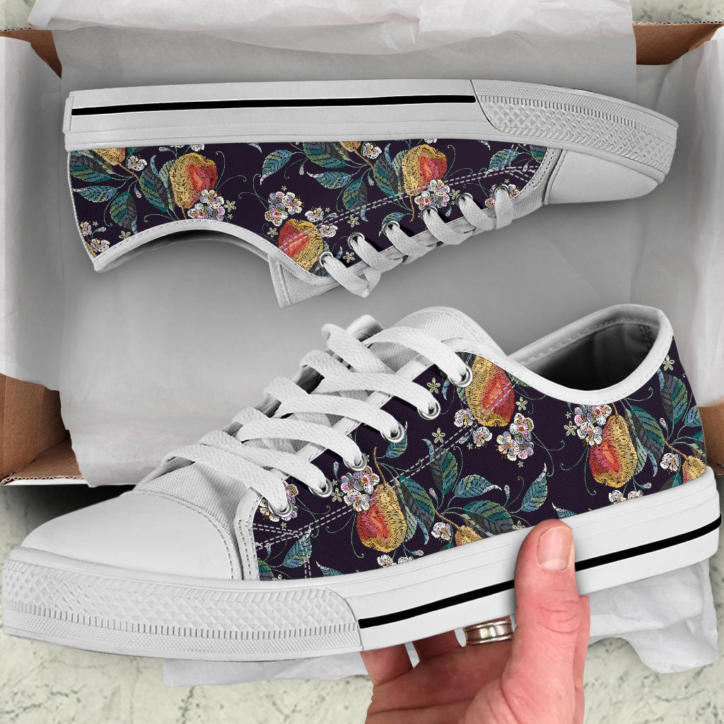 Pear Pattern Print Design PE02 White Bottom Low Top Shoes
