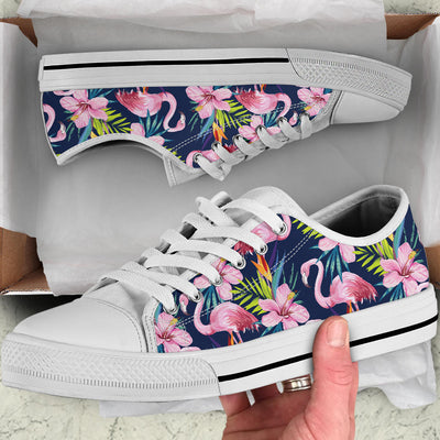 Flamingo Hibiscus Print White Bottom Low Top Shoes