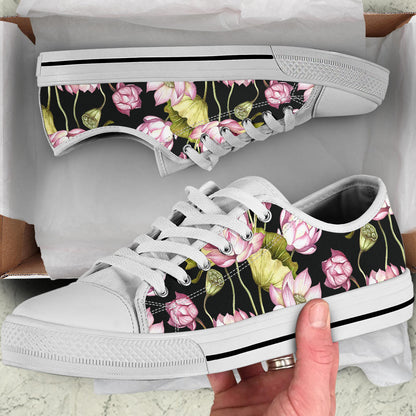 Water Lily Pattern Print Design WL06 White Bottom Low Top Shoes