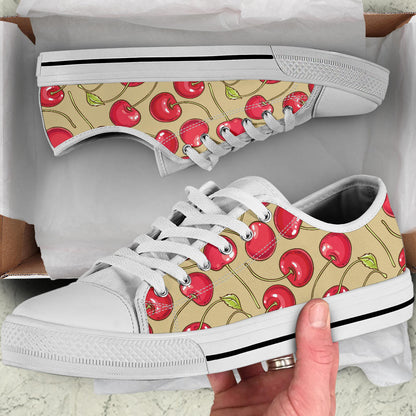 Cherry Pattern Print Design CH05 White Bottom Low Top Shoes