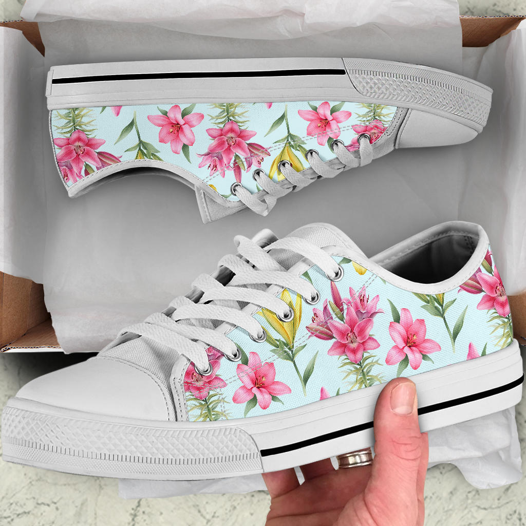 Lily Pattern Print Design LY010 White Bottom Low Top Shoes