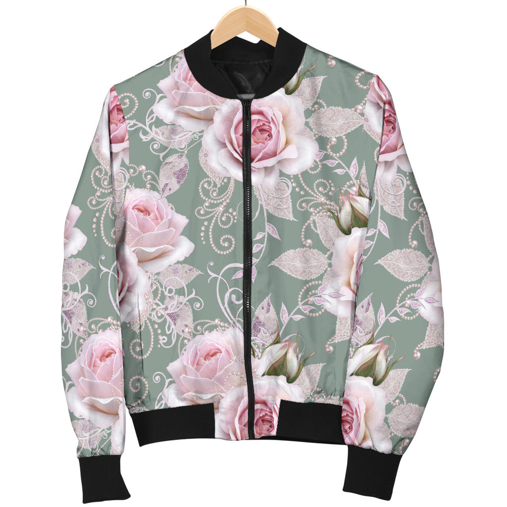 Rose White Pattern Print Design RO012 Men Bomber Jacket