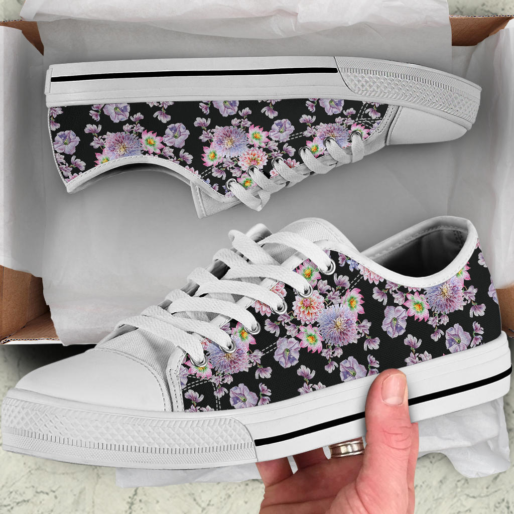 Dahlia Pattern Print Design DH012 White Bottom Low Top Shoes
