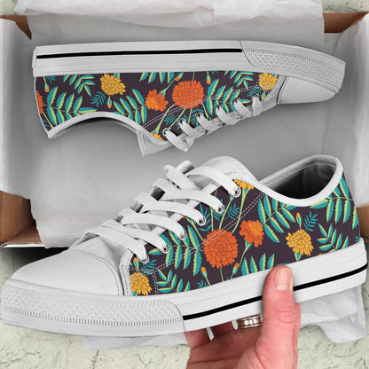 Marigold Pattern Print Design MR01 White Bottom Low Top Shoes