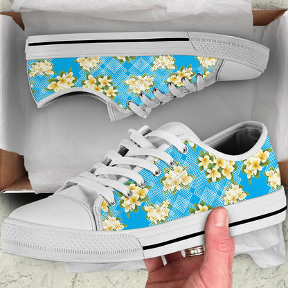 Yellow Plumeria Design Print Pattern White Bottom Low Top Shoes