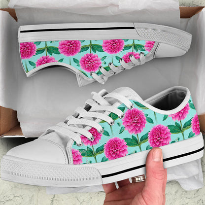 Dahlia Pattern Print Design DH08 White Bottom Low Top Shoes