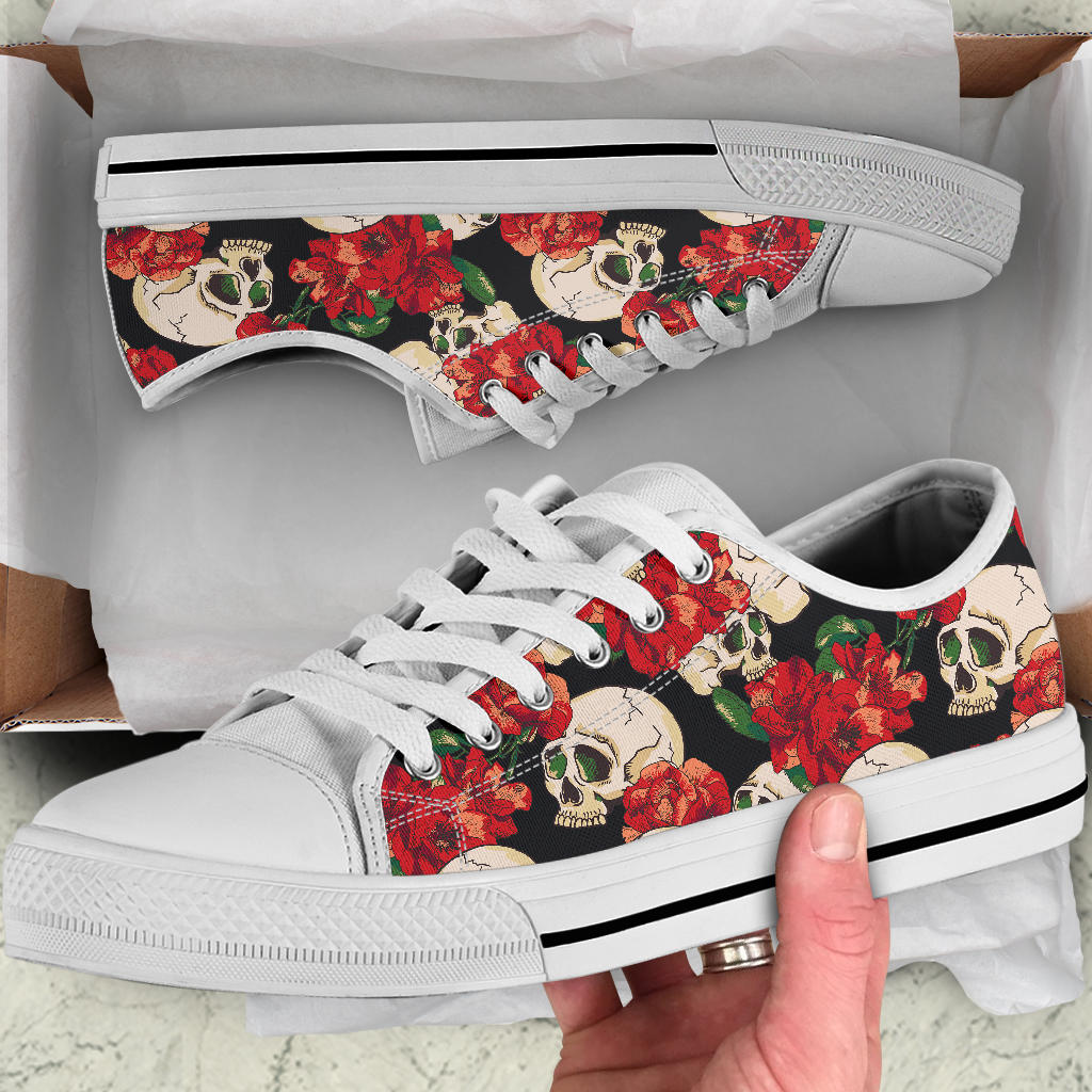 Skull Red Rose White Bottom Low Top Shoes