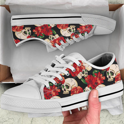 Skull Red Rose White Bottom Low Top Shoes