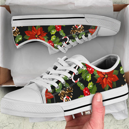 Poinsettia Pattern Print Design POT01 White Bottom Low Top Shoes