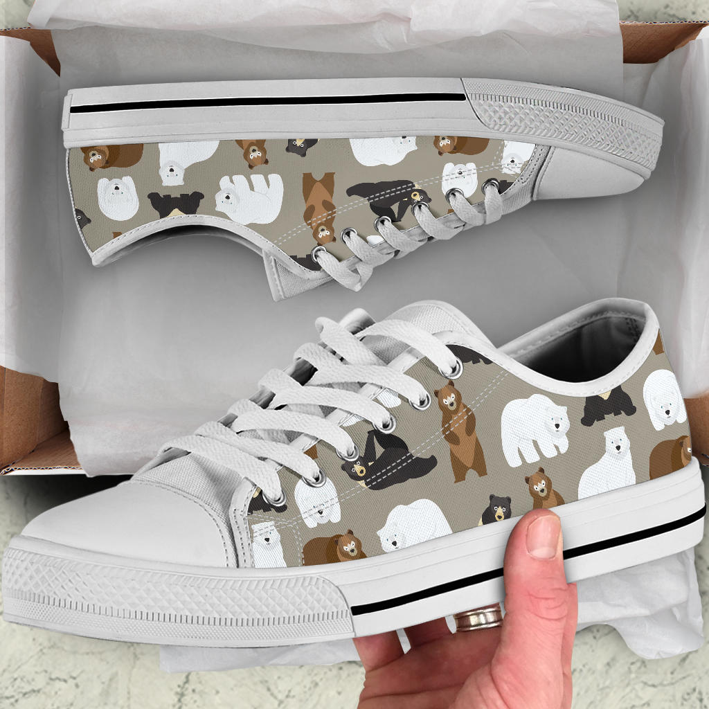 Bear Pattern Print Design BE03 White Bottom Low Top Shoes