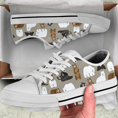 Bear Pattern Print Design BE03 White Bottom Low Top Shoes