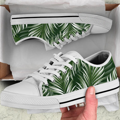 White Green Tropical Palm Leaves White Bottom Low Top Shoes