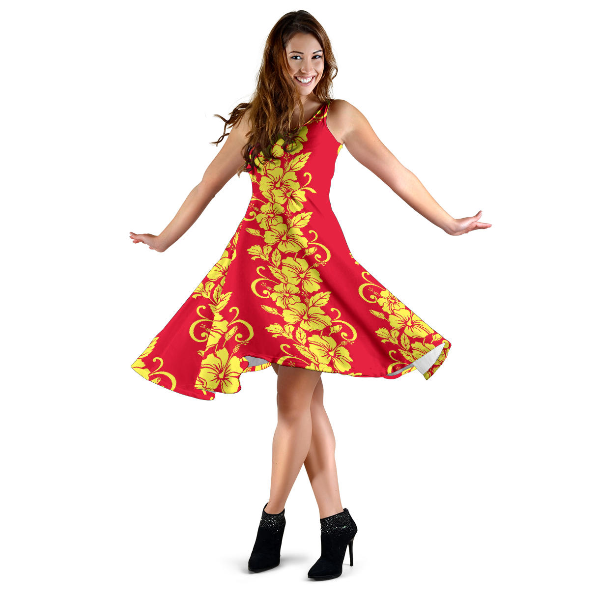 Orange Hibiscus Pattern Print Design HB018 Midi Dress