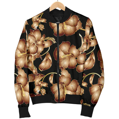 Brown Hibiscus Pattern Print Design HB06 Men Bomber Jacket