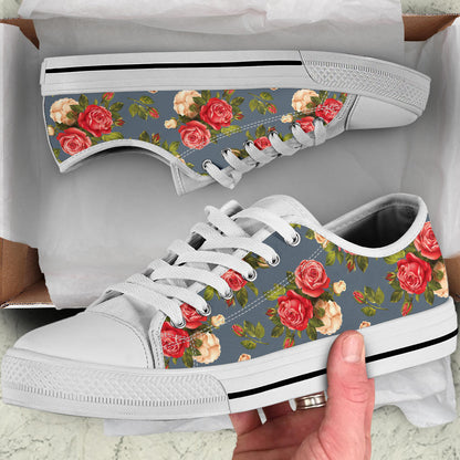 Rose Pattern Print Design RO017 White Bottom Low Top Shoes